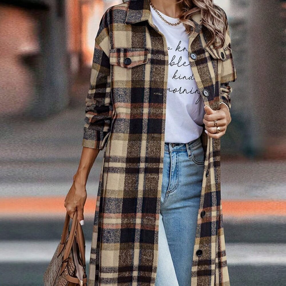 Navy Blue Elegant Women's Plaid Long Sleeve Button Up Shacket